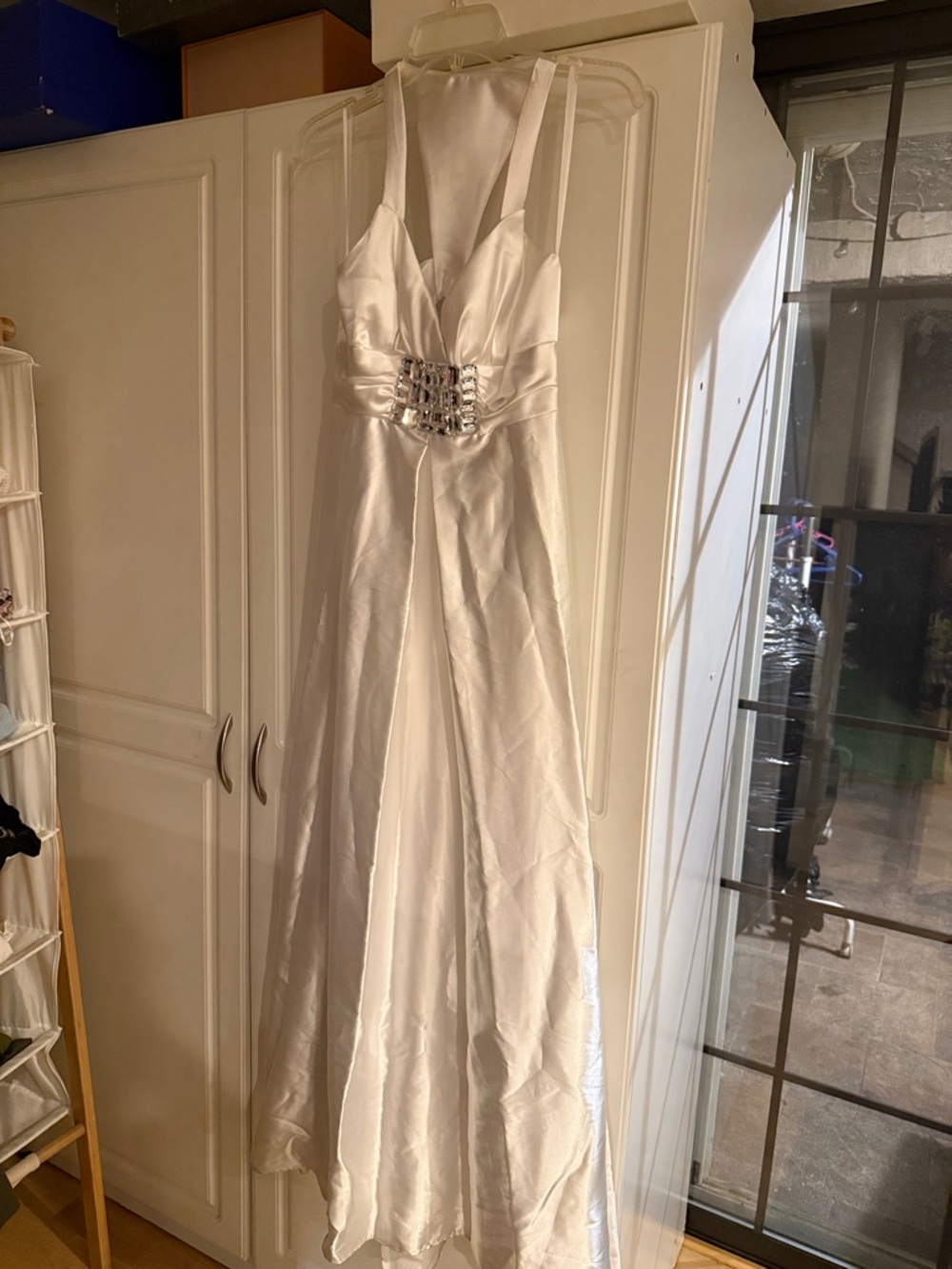 Jessica McClintock White Satin Bridal-Inspired Gown with Jeweled accent